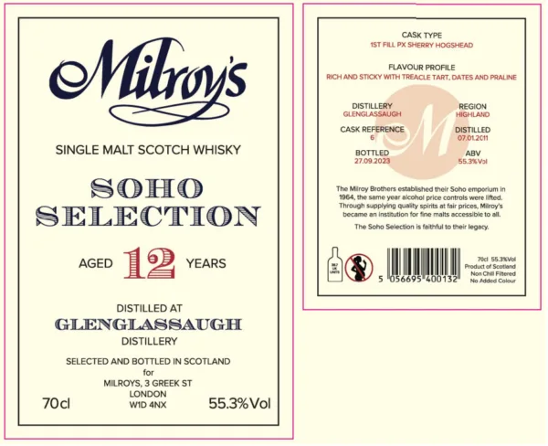 Milroy's of Soho Glenglassaugh Soho Selection 2011 12yo 55.3% - Image 2