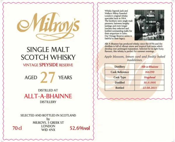 Milroy's of Soho Allt-a-Bhainne Vintage Reserve 1995 27yo 52.6% - Image 2