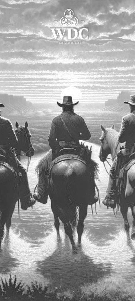 3 cowboys on horses on the river riding towards sunset with their back to the picture with a wide wild west landscape in the background, painted